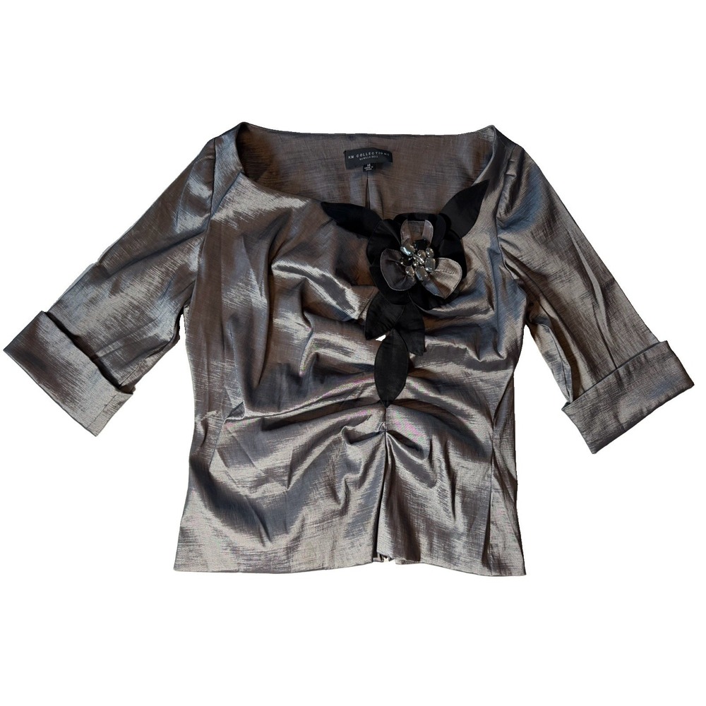 KM Collections Milla Bell Silver Metallic Floral Evening Top Size 14